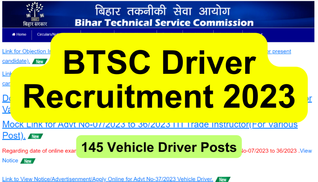 BTSC Driver Recruitment 2023 145 Vehicle Driver Posts, Apply Online